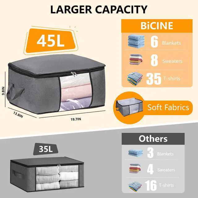 Alt view image 2 of 7 - 3 Pack Storage Bags, 45L Foldable Clothes Storage Bins with Lids, Closet Organizers Blanket Storage Bags with Zippers Clear Window Sturdy Handles for Clothing Bedding Comforter Sweater Pillows (Gray)