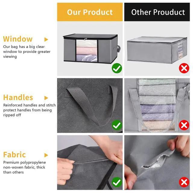 Alt view image 5 of 7 - 3 Pack Storage Bags, 45L Foldable Clothes Storage Bins with Lids, Closet Organizers Blanket Storage Bags with Zippers Clear Window Sturdy Handles for Clothing Bedding Comforter Sweater Pillows (Gray)