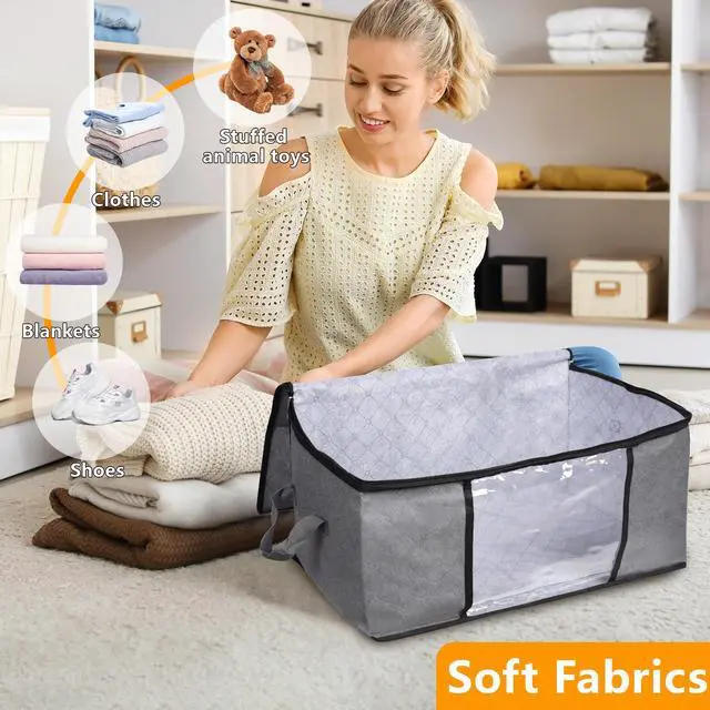 Alt view image 3 of 7 - 3 Pack Storage Bags, 45L Foldable Clothes Storage Bins with Lids, Closet Organizers Blanket Storage Bags with Zippers Clear Window Sturdy Handles for Clothing Bedding Comforter Sweater Pillows (Gray)