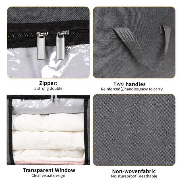 Alt view image 4 of 7 - 3 Pack Storage Bags, 45L Foldable Clothes Storage Bins with Lids, Closet Organizers Blanket Storage Bags with Zippers Clear Window Sturdy Handles for Clothing Bedding Comforter Sweater Pillows (Gray)