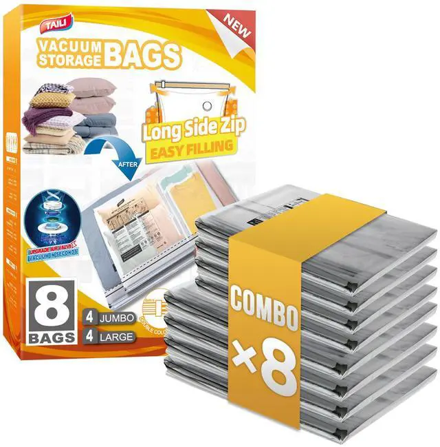 Main image of Vacuum Storage Bags, 2 Size Combo(4 Large+4 Jumbo), LONG SIDE ZIP Vacuum Seal Bags for Clothing, Space Saver for Beddings, Comforters, Blankets, Pillows
