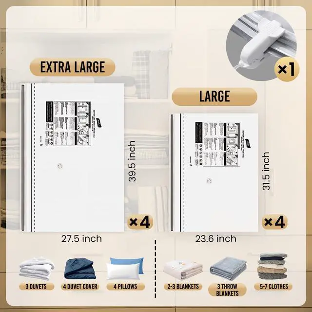 Alt view image 3 of 7 - Vacuum Storage Bags, 2 Size Combo(4 Large+4 Jumbo), LONG SIDE ZIP Vacuum Seal Bags for Clothing, Space Saver for Beddings, Comforters, Blankets, Pillows