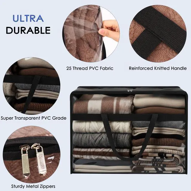 Alt view image 3 of 7 - Blanket Storage Bags 4 Pack 60L Clothes Comforter Bedding Container Black