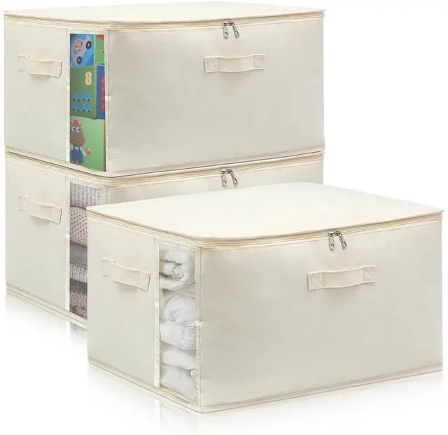 Main image of 3 Pack Canvas Comforter & Blanket Storage Bags with Clear Window, Beige