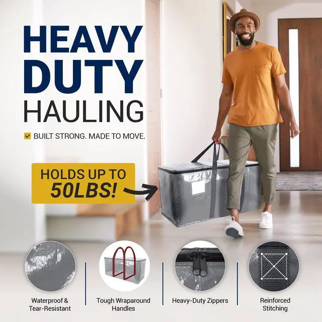 Alt view image 3 of 6 - Moving Bags Heavy Duty (6 Pack) | Extra Large Totes for Storage & Packing | Small Space & Dorm Room Essentials | Packing Bags with Handles & Zippers | Alternative to Moving Boxes (Grey)