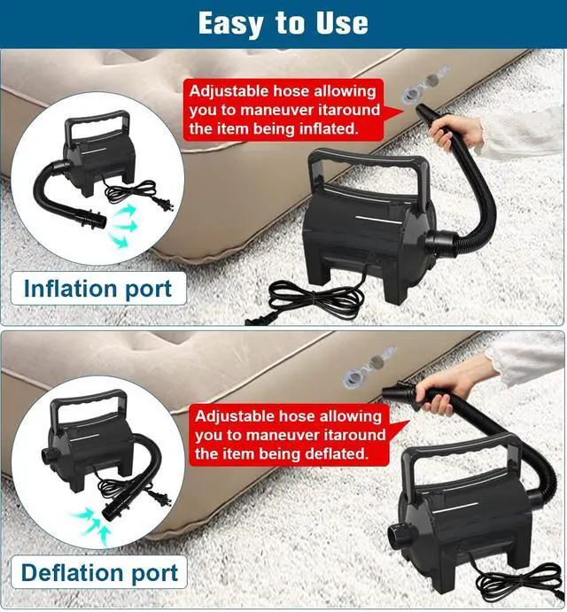 Alt view image 5 of 7 - Electric Air Pump Portable 460W Quick-Fill Air Pump Air Flow 45CFM 2.1PSI with Hose 5 Nozzles 120V AC Inflator Deflator Pump for Air Mattress Air Bed Inflatable Cushion Boat Swimming Ring