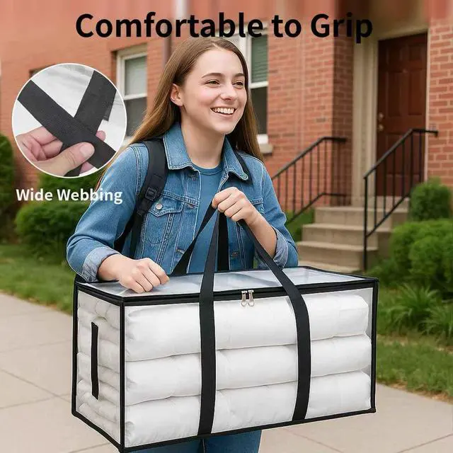 Alt view image 5 of 7 - 6 Pack-Extra Large Heavy Duty Moving Bags - Waterproof Storage Totes with Handles & Zippers, Foldable for College Dorm, Storage (Clear)