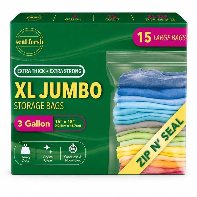 Main image of 3 Gallon Large Plastic Storage Bags 16" x 18" (15 Count) Reusable XXL Extra Large Clear Jumbo Zip Bags with Sealable Zipper Top For Clothes, Travel, Moving