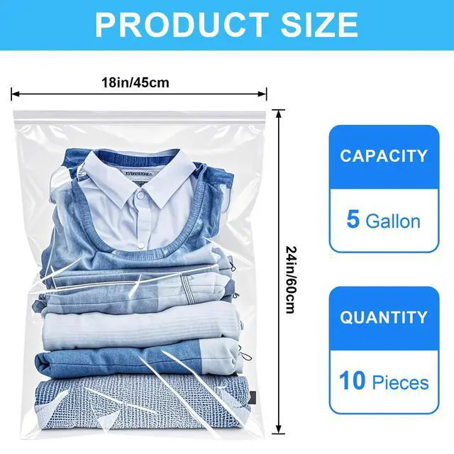 Alt view image 2 of 6 - Large 5 Gallon Plastic Storage Bags 10pcs 18" x 24", 2.4 Mil Thick
