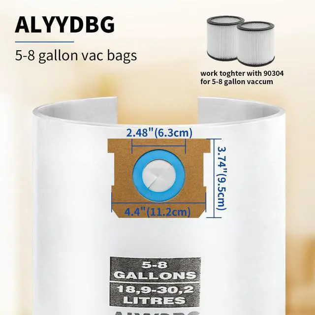 Alt view image 3 of 6 - Universal 2-1/2" Port 5-8 Gallon Vac Bags, Type E 90661 9066166, Type H 90671 9067133; VF2004, VHBS VDBS High- Efficiency Disposable Vacuum Collection Filter Bags. 5 Pack
