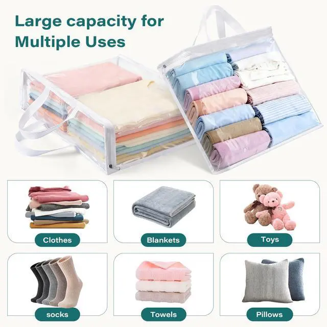 Alt view image 3 of 7 - 16-Pack 22L Clear Zippered Storage Bags for Clothes | Vacuum Storage Bags for Blankets, Comforters, Bedding & Linens | Closet Organizer Bags with Handles, White