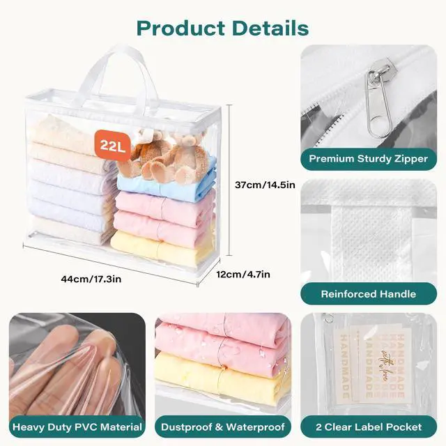 Alt view image 2 of 7 - 16-Pack 22L Clear Zippered Storage Bags for Clothes | Vacuum Storage Bags for Blankets, Comforters, Bedding & Linens | Closet Organizer Bags with Handles, White