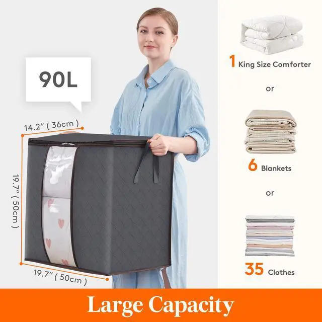 Alt view image 2 of 6 - Extra Large Blanket Storage Bags, Foldable Comforter Storage with Reinforced Handles, Clothes Storage Containers for King Comforter, Bedding, Pillow, Sheet, Storage Bin with Lids 5 Pack