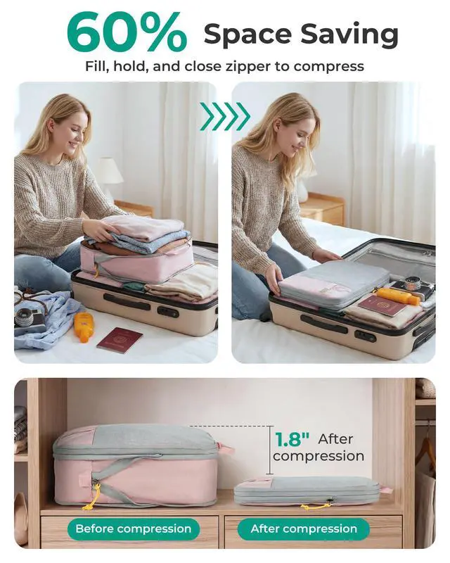 Alt view image 3 of 6 - Compression Packing Cubes for Travel, Lightweight Luggage Organizer Bags, Durable Space Saver Bags Travel Essentials, 6 Set