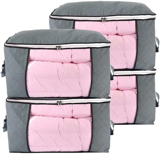 Main image of Comforter Storage Bag, Zippered Bag with Large Clear Window and Carry Handles, Space Saver Organizers for Closet, Blanket, Pillow, Quilt, Bedding, Clothes (4Pcs Grey Large)