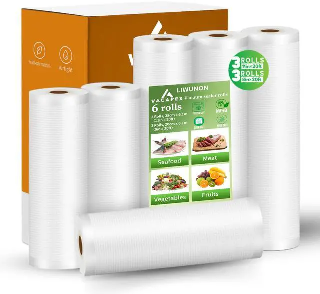 Main image of Vacuum Sealer Bags Rolls 6 Pack, 3 Rolls 11" x 20' &3 Rolls 8" x 20', BPA-Free Commercial Grade Food Storage Rolls, Compatible with Most Vacuum Sealer Machines for Meal Prep, Freezer Storage&Sous Vide