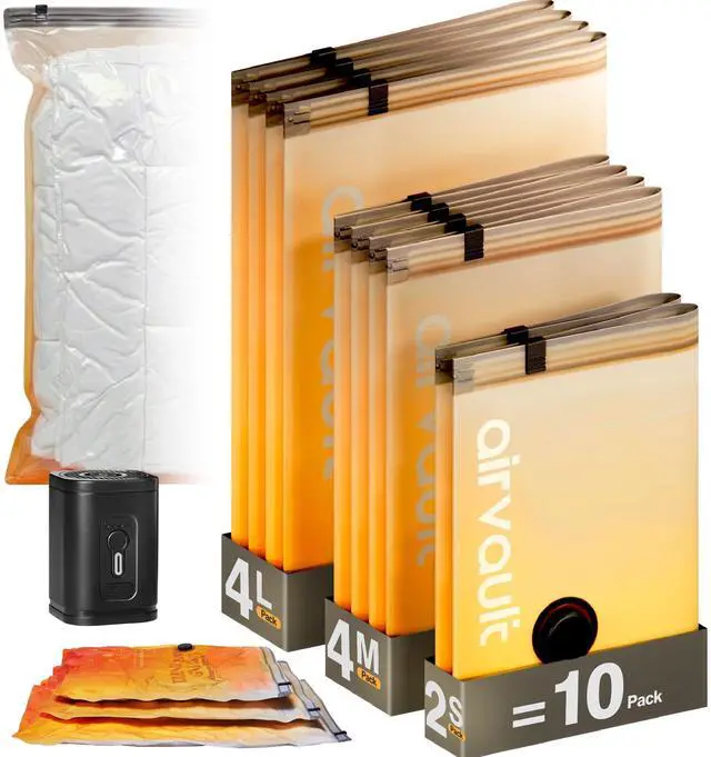 Main image of Storage Bags for Travel & Home - Space Saver Compression Packing Bags Set for Clothes, Blankets & Seasonal Storage, Small (2), Medium (4), Large (4) (Orange,10-Pack Combo)
