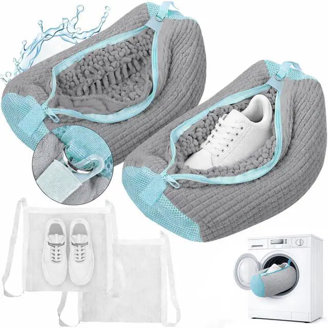 Main image of Shoe Washing Machine Bag, Shoe Laundry Bag for Washer and Dryer, Include Dry Net Bag, Reusable and Durable Zipper with Hook Design, Shoe Washing Bag for Sneaker (Gray, 2 Pack)