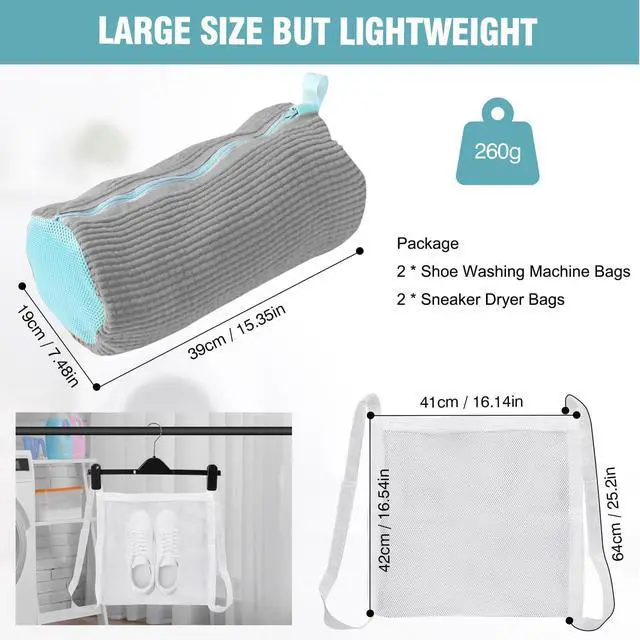 Alt view image 2 of 7 - Shoe Washing Machine Bag, Shoe Laundry Bag for Washer and Dryer, Include Dry Net Bag, Reusable and Durable Zipper with Hook Design, Shoe Washing Bag for Sneaker (Gray, 2 Pack)