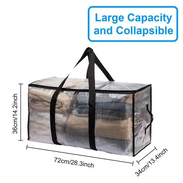 Alt view image 2 of 7 - 2-Packs Extra Large Heavy Duty Moving Bags, Waterproof Storage Totes with Handles & Zippers Storage Bags Totes for Clothes Packing, Dorms, College Supplies, Space Saving, Clear