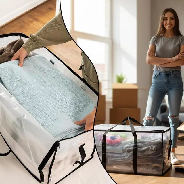 Alt view image 7 of 7 - 2-Packs Extra Large Heavy Duty Moving Bags, Waterproof Storage Totes with Handles & Zippers Storage Bags Totes for Clothes Packing, Dorms, College Supplies, Space Saving, Clear
