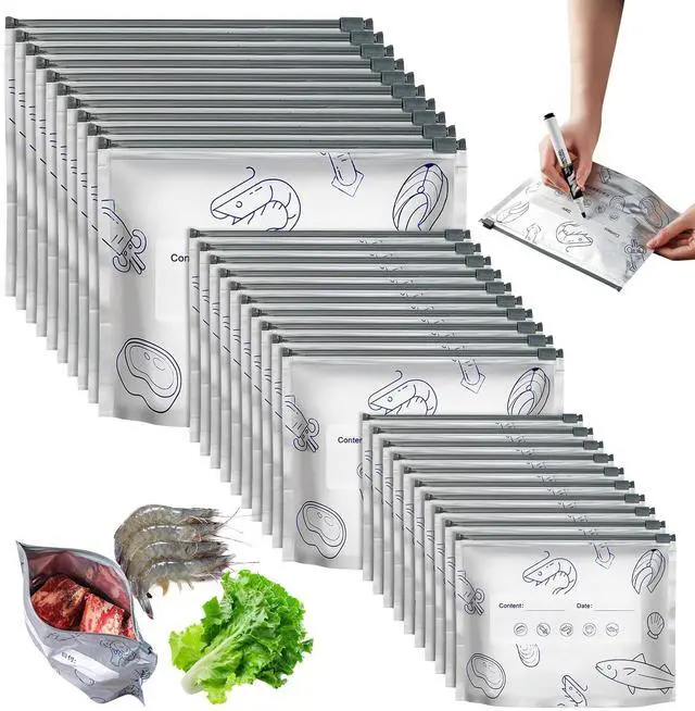 Main image of 30PCS Reusable Aluminum Foil Sealable Storage Bags, 2026 New Resealable Vacuum Zipper Pouches for Food, Stand Up Foil Sealable Bags with Label and Zip Lock for Vegetable Fruit Meat (3 Size)