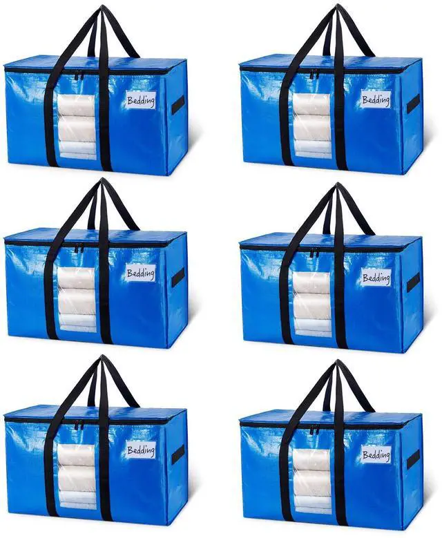 Main image of Extra Large Moving Bags, 6 Pack Blue Heavy Duty Totes For Storage with Visible Window, Wrap Around Handles, Storage Bags for Space Saving, Alternative to Moving Boxes