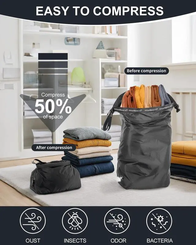 Alt view image 3 of 6 - Travel Laundry Bag, Pump-Free Vacuum Compression Dirty Clothes Bag, Small Reusable Waterproof & Washable Laundry Bag, Wet and Dry Bag, Ideal for Suitcases, Road Trip Essentials (1 Pack) Black