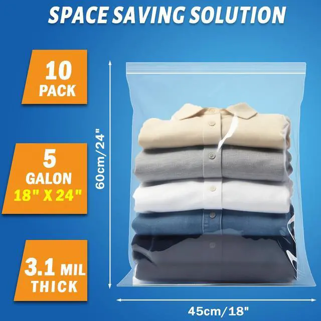 Alt view image 2 of 7 - Extra Large Storage Bags - Zipper Seal, 3.1-mil Thick, Heavy Duty, 5 Gallon 18" x 24", Jumbo Plastic Bags for Clothes, Travel, Moving, Large Reusable Freezer Bags, BPA-Free (10 Count)