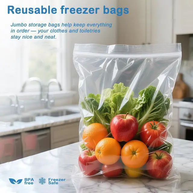 Alt view image 4 of 7 - Extra Large Storage Bags - Zipper Seal, 3.1-mil Thick, Heavy Duty, 5 Gallon 18" x 24", Jumbo Plastic Bags for Clothes, Travel, Moving, Large Reusable Freezer Bags, BPA-Free (10 Count)