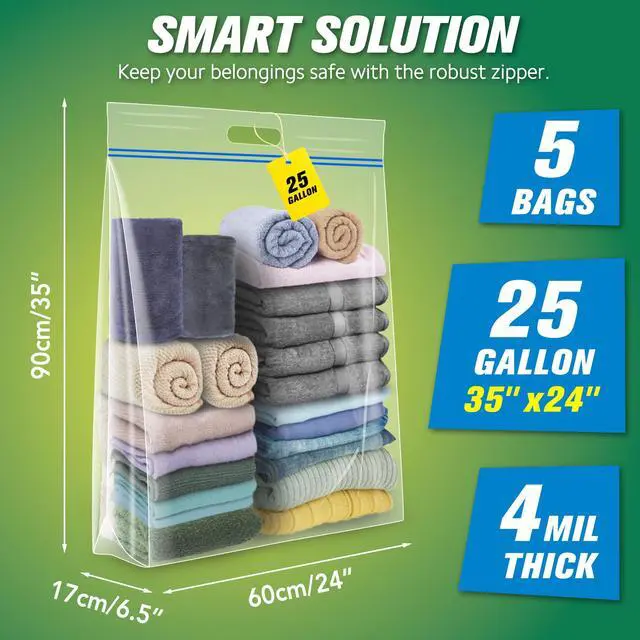 Alt view image 2 of 7 - Gallon Jumbo Storage Bags, 35 x 24 Resealable Clear Bags with Handle, Extra Large XL Heavy Duty for Clothes Pillow Travel Moving, Pack of 5