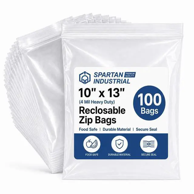 Main image of 10 X 13 (100 Count) 4 Mil Thick Clear Reclosable Zip Plastic Poly Bags