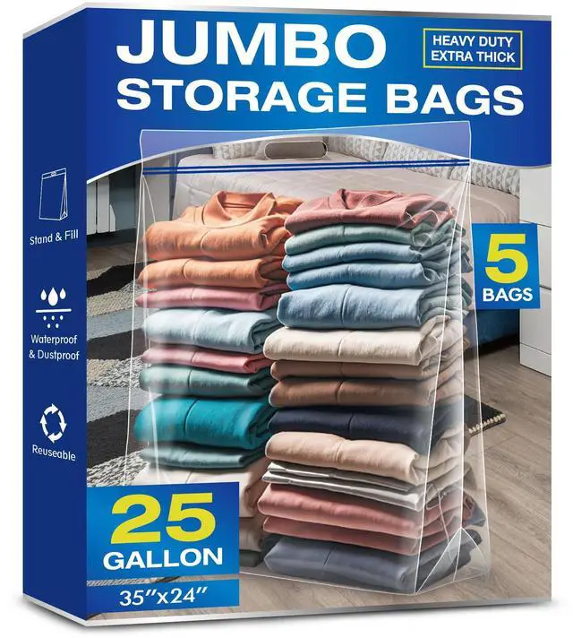 Main image of 5 Pack 25 Gallon Jumbo Zipper Bags with Handles for Storage