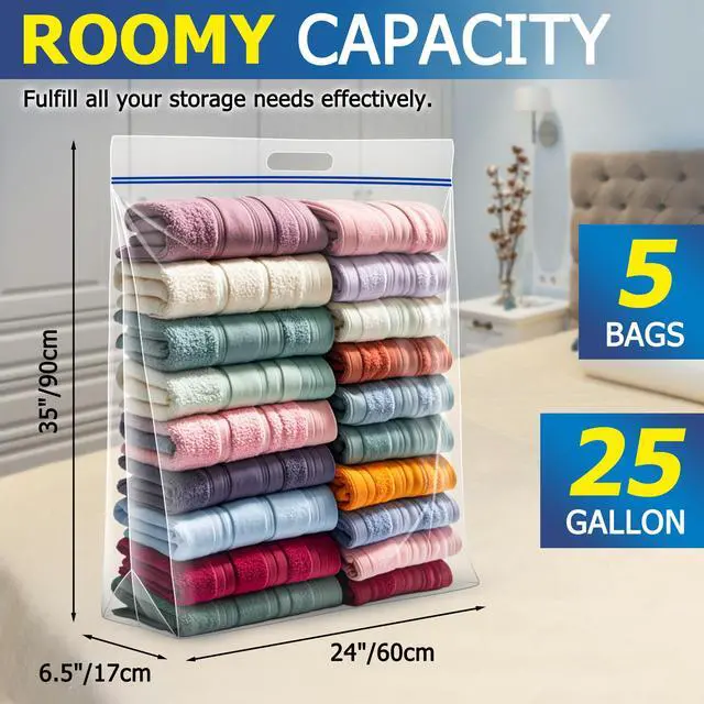 Alt view image 2 of 7 - 5 Pack 25 Gallon Jumbo Zipper Bags with Handles for Storage