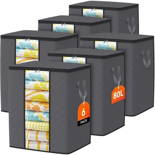 Main image of 6 Pack Clothes Storage Bags 80L Blanket Storage Containers with Window Grey