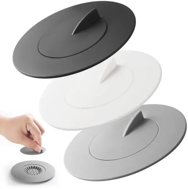 Main image of Bathtub Stopper,3pcs 2-in-1 Bathtub Drain Hair Catcher,Silicone Kitchen Bathroom Shower Water Strainer Protectors,Universal Flat Suction Shower Drain Cover,Washbasin Drain Stopper (GreyWhiteBlack)