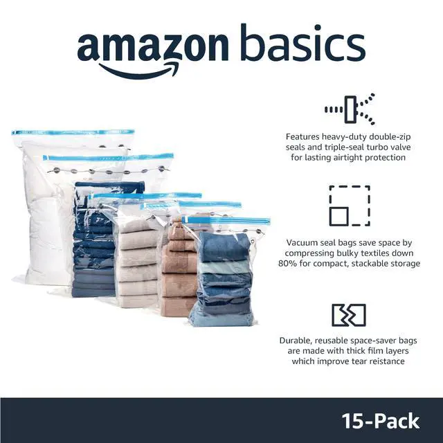 Alt view image 2 of 5 - Vacuum Storage Bags for Clothes, Compression Space Saving Storage Bags with Hand Pump, Reusable, Heavy-Duty Seal Protection, Multiple Sizes, White, 15-Pack