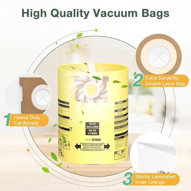 Alt view image 4 of 7 - 10PCS 10-14 Gallon Vacuum Bags for Shop Vac Bags, Disposable Wet Dry Vaccum Collection Bags Replace Part Type I #90672 9067200, Type F #90662 9066200 9066233, VF2005 (Yellow)
