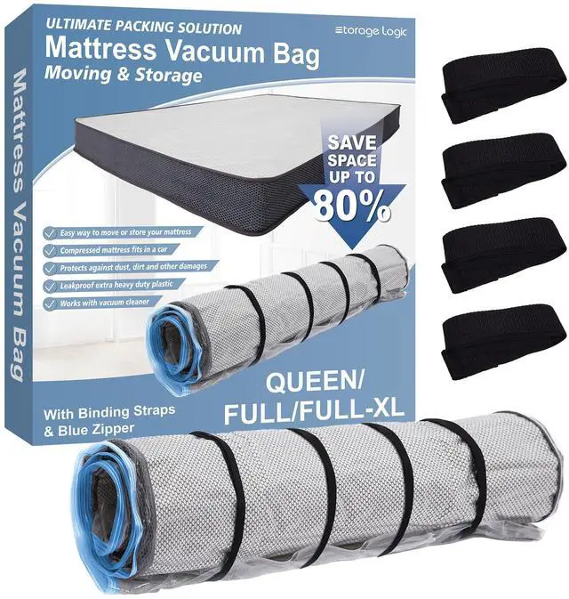 Main image of Foam Mattress Vacuum Bag with Blue Zipper, Mattress Storage Bag, Straps Included, Queen/Full/Full-XL