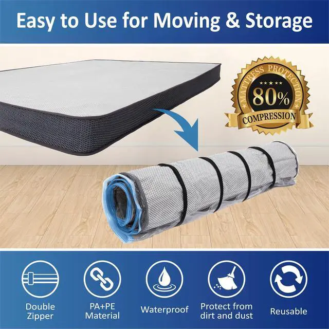 Alt view image 2 of 7 - Foam Mattress Vacuum Bag with Blue Zipper, Mattress Storage Bag, Straps Included, Queen/Full/Full-XL