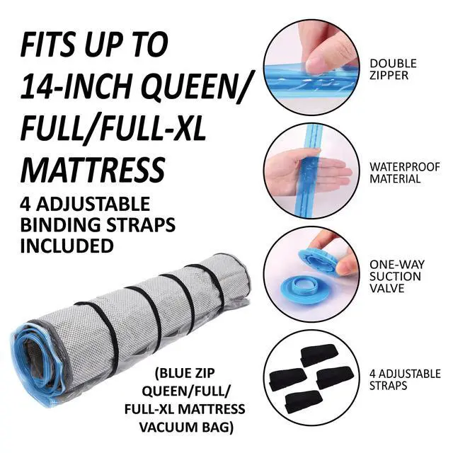 Alt view image 3 of 7 - Foam Mattress Vacuum Bag with Blue Zipper, Mattress Storage Bag, Straps Included, Queen/Full/Full-XL