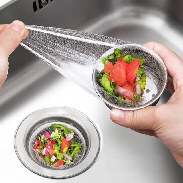 Main image of 300 Pack Kitchen Sink Strainer Mesh Bags Anti-Clogging Disposable Sink Drain Covers that Trap Food Scraps, Leftovers, Hair & Debris. Ultra-Fine Sink Filter Nets Fit Most Sink Strainers.