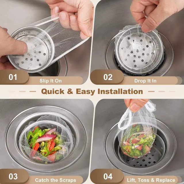Alt view image 3 of 7 - 300 Pack Kitchen Sink Strainer Mesh Bags Anti-Clogging Disposable Sink Drain Covers that Trap Food Scraps, Leftovers, Hair & Debris. Ultra-Fine Sink Filter Nets Fit Most Sink Strainers.
