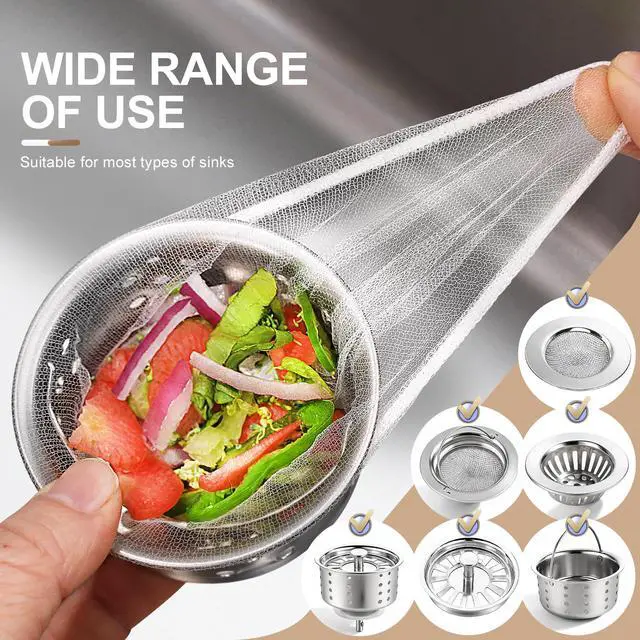 Alt view image 6 of 7 - 300 Pack Kitchen Sink Strainer Mesh Bags Anti-Clogging Disposable Sink Drain Covers that Trap Food Scraps, Leftovers, Hair & Debris. Ultra-Fine Sink Filter Nets Fit Most Sink Strainers.