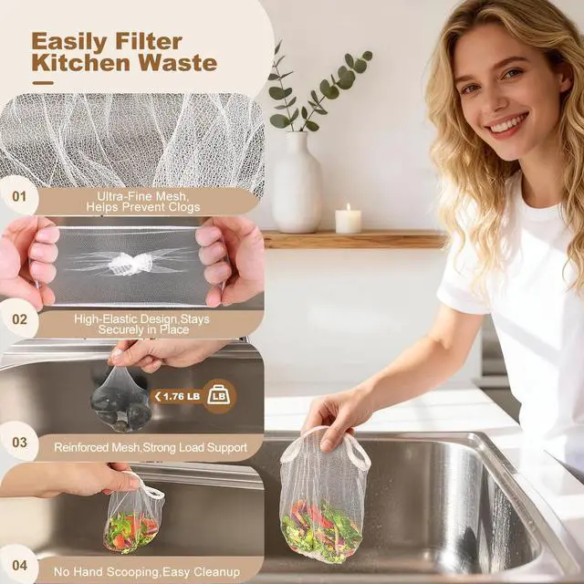 Alt view image 5 of 7 - 300 Pack Kitchen Sink Strainer Mesh Bags Anti-Clogging Disposable Sink Drain Covers that Trap Food Scraps, Leftovers, Hair & Debris. Ultra-Fine Sink Filter Nets Fit Most Sink Strainers.