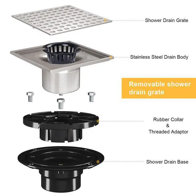 Alt view image 4 of 6 - Inch Square Shower Drian with ABS Flange-SUS 304 Stainless Steel & CUPC Certified Shower Floor Drain-Removable Grid Cover-with Hair Strainer-Brushed Nickel