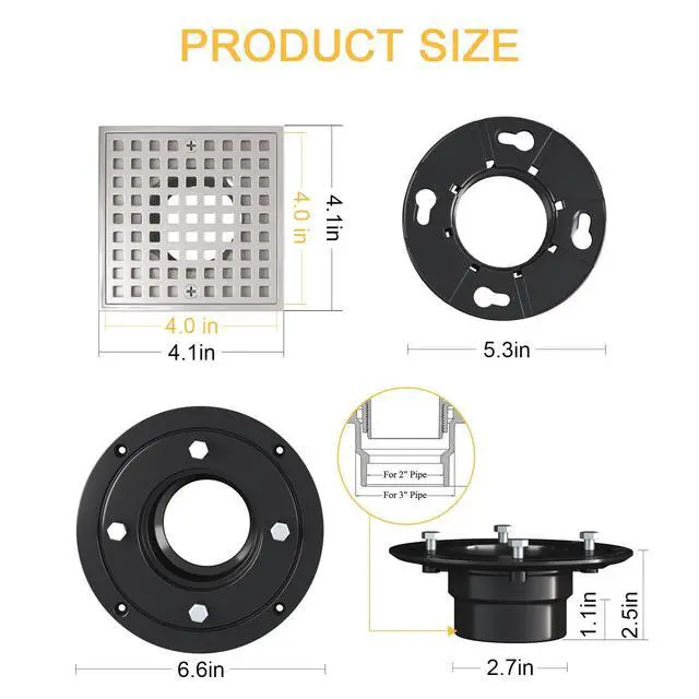 Alt view image 3 of 6 - Inch Square Shower Drian with ABS Flange-SUS 304 Stainless Steel & CUPC Certified Shower Floor Drain-Removable Grid Cover-with Hair Strainer-Brushed Nickel