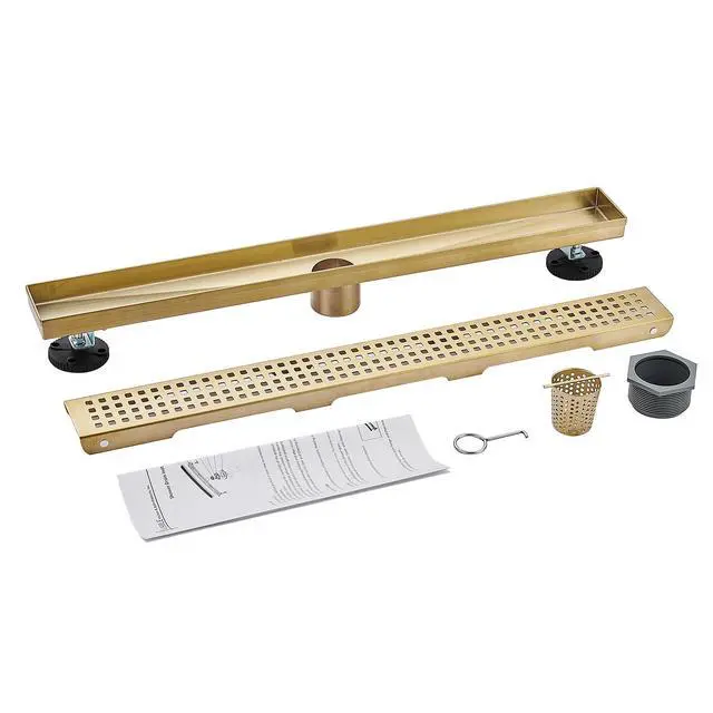 Alt view image 2 of 7 - Linear Shower Floor Drain, Brushed Gold 12 Inch 304 Stainless Steel Bathroom Drains Kit, Long Rectangular Shower Trench Drain with Square Pattern Drain Cover & Hair Catcher