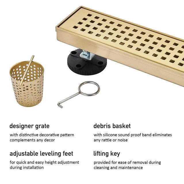 Alt view image 3 of 7 - Linear Shower Floor Drain, Brushed Gold 12 Inch 304 Stainless Steel Bathroom Drains Kit, Long Rectangular Shower Trench Drain with Square Pattern Drain Cover & Hair Catcher