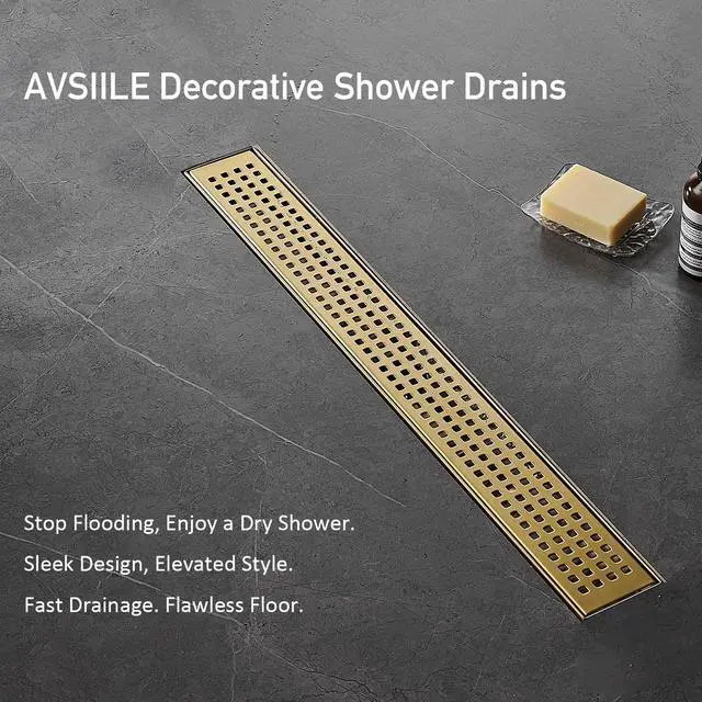 Alt view image 4 of 7 - Linear Shower Floor Drain, Brushed Gold 12 Inch 304 Stainless Steel Bathroom Drains Kit, Long Rectangular Shower Trench Drain with Square Pattern Drain Cover & Hair Catcher